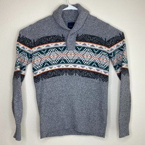 American Eagle Mens Size S Aztec Fair Isle Cowl Neck Grey Cotton Wool Sweater